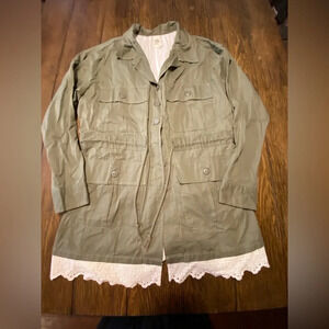 Tiny Anthropologie Olive Green Cargo Jacket White Floral Dainty Lace Large C2